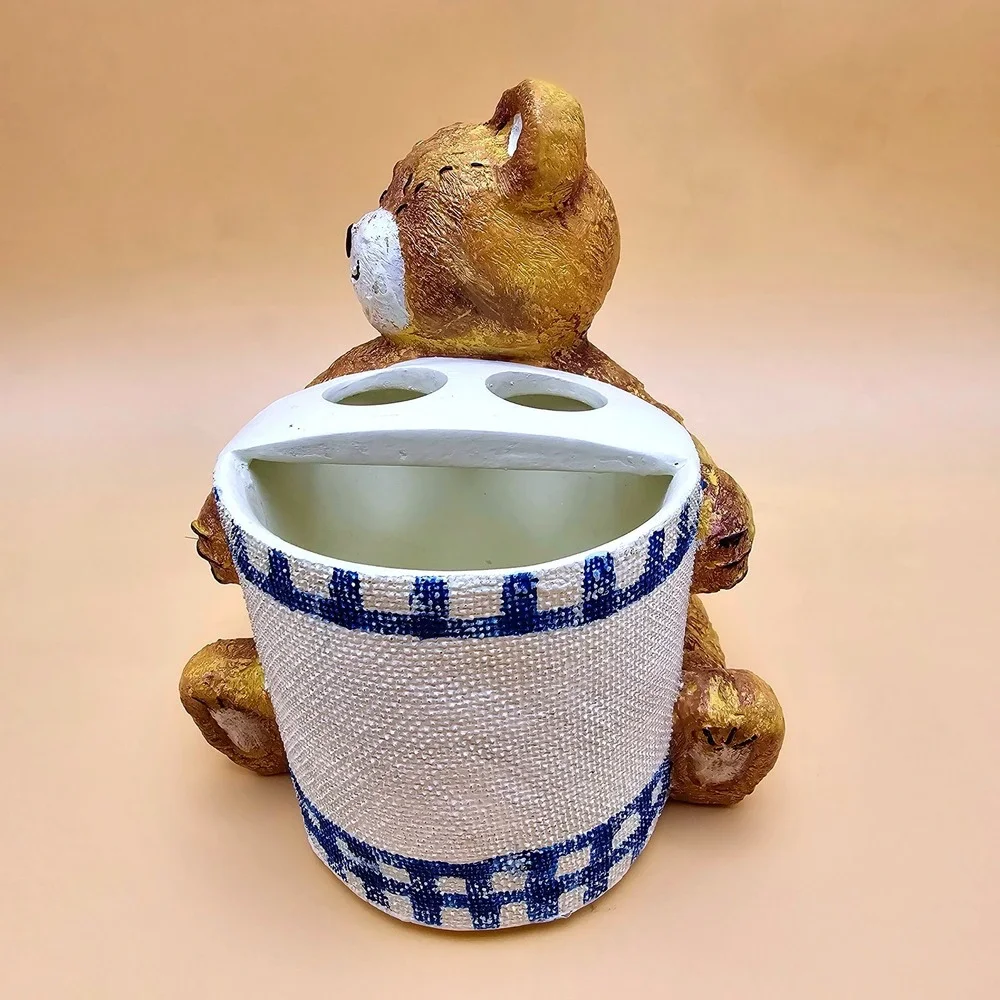 Adorable Cuddle Bear Toothbrush Holder Blue White Check Teddy Bathroom Organizer